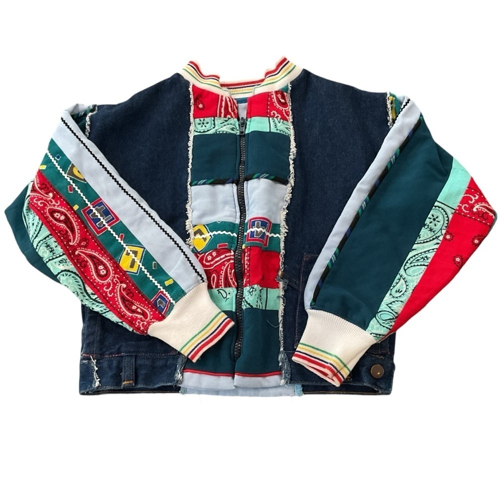 Upcycled denim patchwork full zip jacket, kids size 6 regular